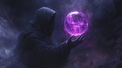 A hooded figure conjures a glowing purple orb amidst a mystical dark background. Thornspire. Illustration