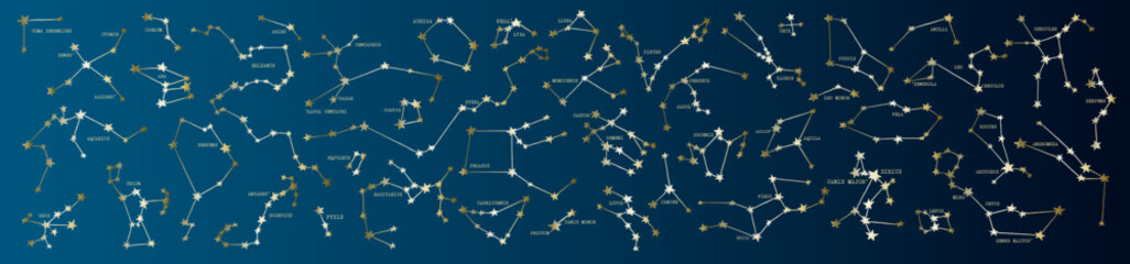Celestial vector map of the night sky with the names of stars and constellations on a dark blue gradient background. Includes Orion, Sirius, Lyra, Centaurus, Pegasus, Virgo, Phoenix, Crux and other. © Kolerowa