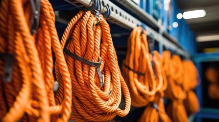 Bright synthetic fiber ropes tied securely in a storage area.