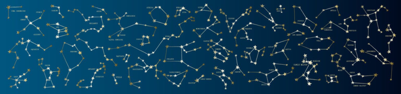 Celestial vector map of the night sky with the names of stars and constellations on a dark blue gradient background. Includes Orion, Sirius, Lyra, Centaurus, Pegasus, Virgo, Phoenix, Crux and other.