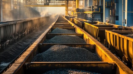 Obraz premium Conveyor belts transporting crushed stone and raw materials in an industrial mining environment.