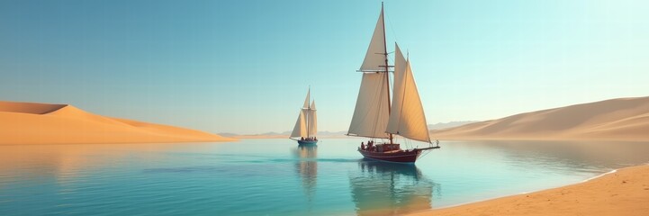Fototapeta premium Serene landscape featuring elegant sailing vessels gliding through calm waters against a backdrop of golden sand dunes, perfect for adventure and travel themes.