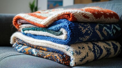 Fototapeta premium Handmade knitted blankets with vibrant patterns folded neatly on a sofa.