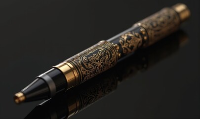 Fototapeta premium Elegant decorative pen featuring intricate gold detailing on a sleek black background, perfect for luxury branding, stationery, and corporate gifts.