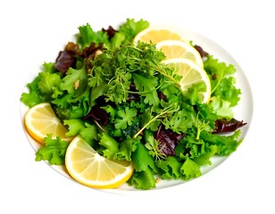 Beautifully Plated Green Salad with Lettuce, Kale, Microgreens, and Lemon Wedges
