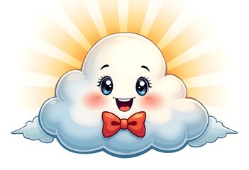 Obraz premium Cheerful Cartoon Cloud Mascot with Bowtie and Radiant Smile on White Background