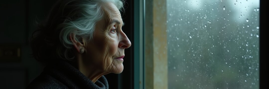 A contemplative elderly woman gazes out of a window, reflecting on life amidst a rainy backdrop, evoking emotions of nostalgia and introspection.