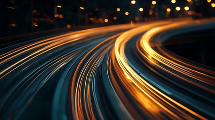 A dynamic view of illuminated road curves at night, showcasing light trails and movement.