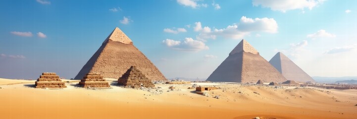 Breathtaking view of the Great Pyramids of Giza in a stunning desert landscape, capturing the essence of ancient history and architectural marvels.
