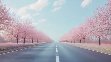 Empty Highway Surrounded by Blossoming Spring Trees Under Blue Sky
