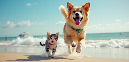 Playful dog and cat running on the beach, enjoying a sunny day by the ocean, capturing the essence of fun and companionship in a vibrant outdoor setting.