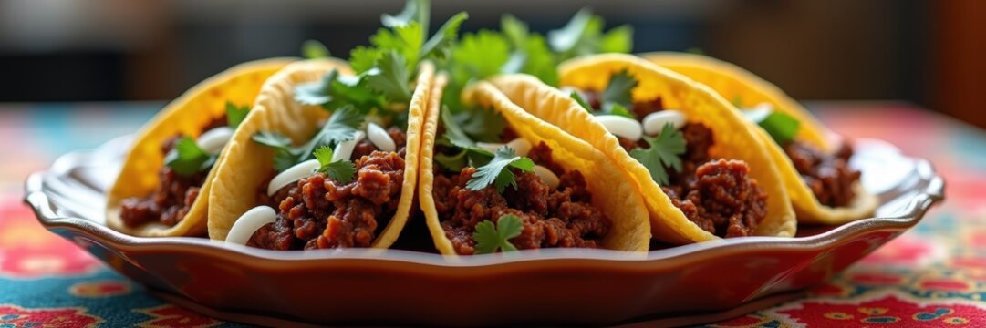 Delicious tacos filled with seasoned meat and topped with fresh herbs, perfect for food photography, restaurant menus, or culinary blogs.