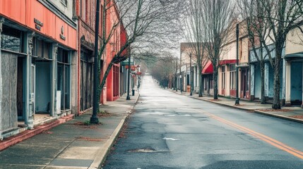 Obraz premium Rust belt urban scene with an empty street, lined by boarded-up storefronts.