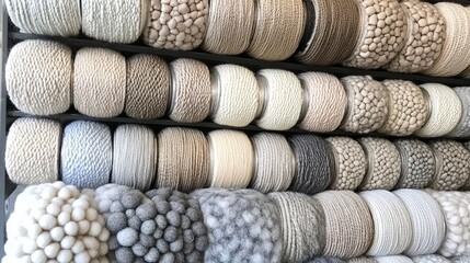 Spools of synthetic carpet yarn in various shades of gray and beige, displayed in a factory.