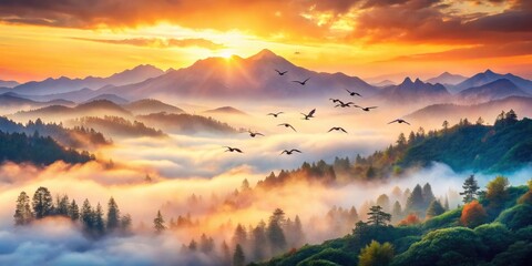 Fototapeta premium Double exposure watercolor. Misty mountain sunrise, birds in flight, AI-generated art evokes serene beauty.