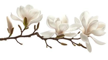 A branch with white magnolia flowers, isolated on a white background