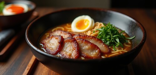 A delicious bowl of ramen featuring tender pork, a soft-boiled egg, and fresh greens, perfect for food promotions or culinary presentations.