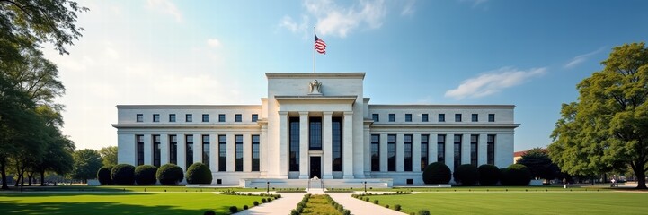 A grand view of a historic government building with American flag, symbolizing finance and authority, ideal for banking, economics, and government-related content.