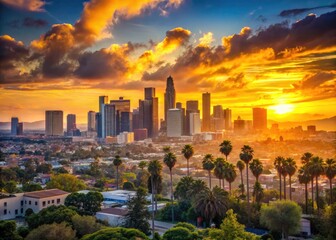 Obraz premium Golden hour paints LA's cityscape in breathtaking sunset colors. Experience breathtaking skyline views.