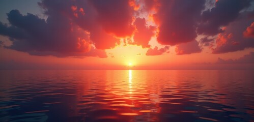 Obraz premium Breathtaking sunset over tranquil waters, showcasing vibrant colors and reflective beauty, perfect for travel, wellness, or nature-themed projects.