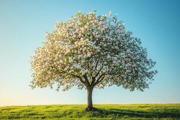 Naklejka premium Single blossoming tree on a grassy hill against a clear blue sky