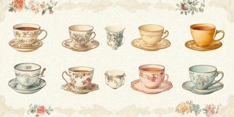 Eight Vintage Teacups And Saucers Floral Design