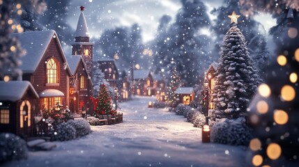 Obraz premium Snowy Christmas village street scene at night with church and decorated homes.