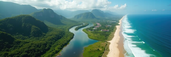 A stunning aerial view of a river meandering through lush green hills, leading to a beautiful coastline, perfect for nature, travel, and environmental projects.