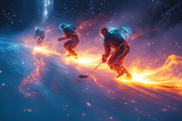 Fiery hockey players skate across a frozen surface, leaving trails of fire and ice in their wake.