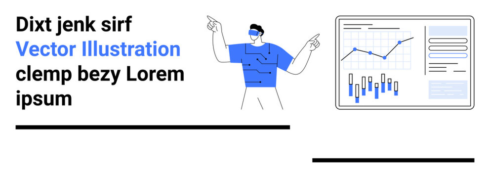 Business professional pointing at analytical data chart with bar and line graphs. Text element Dixt jenk sirf Vector Illustration clemp bezy Lorem ipsum in black and blue. Ideal for data analysis