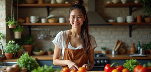A cheerful woman prepares fresh ingredients in a cozy kitchen, showcasing a passion for healthy cooking and home-cooked meals. Perfect for food, lifestyle, and wellness themes.