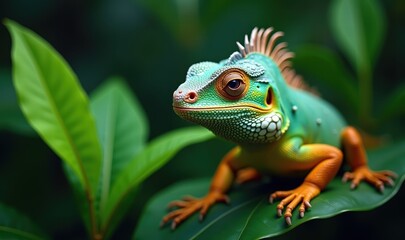 Fototapeta premium A vibrant, colorful lizard perched on a lush green leaf, showcasing the beauty of nature. Perfect for wildlife, environmental, and educational themes.