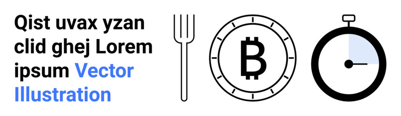 Fork, Bitcoin symbol within a clock face, and stopwatch icon. Ideal for technology, finance, time management, cryptocurrency, instant transactions, investment, and efficient scheduling. Landing page
