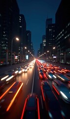Obraz premium Dynamic urban night scene with blurred car lights, showcasing vibrant city life and traffic flow. Ideal for transportation, city planning, or nightlife concepts.
