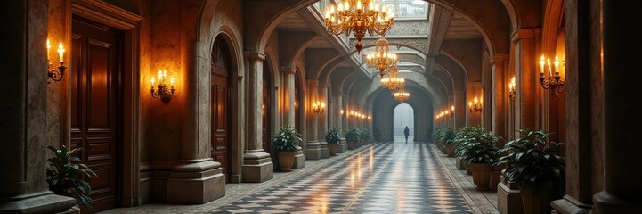 Obraz premium A grand, elegantly lit hallway featuring ornate chandeliers and lush greenery, perfect for luxury events, historical themes, or architectural showcases.