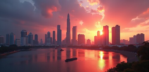 Obraz premium Stunning sunset over a city skyline, reflected in calm waters. A perfect visual for travel marketing, urban development, or inspirational business presentations.