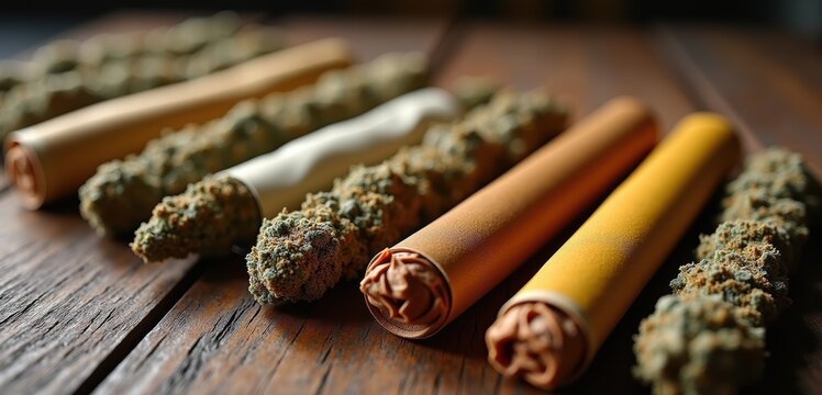 A close-up of cannabis joints and prerolls displayed on a rustic wooden surface, showcasing the beauty of cannabis products for marketing and promotional use.