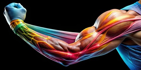 Resistance band therapy: vibrant macro shot of a cricket player's elbow, x-ray effect showcasing healing.