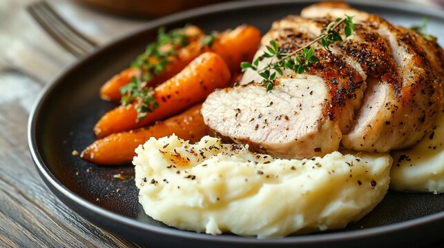 Roasted chicken breast with mashed potatoes and carrots.