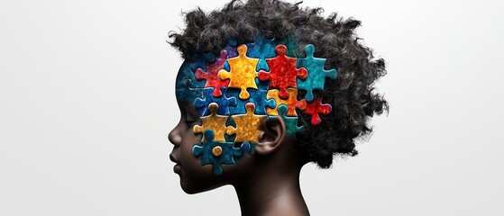 Child's profile, puzzle pieces on head, white background, autism awareness