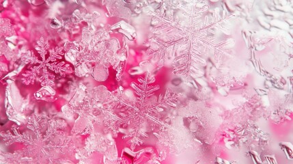 Fototapeta premium Pink-hued snowflakes on a frosted surface. Ideal for winter, holiday, or beauty themes.