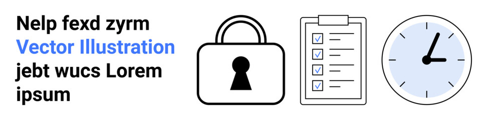 Lock, checklist clipboard, clock icons with sample placeholder text to the left. Ideal for business planning, security concepts, time management, project organization, workflow optimization