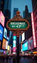 A vibrant view of the Broadway street sign at Times Square, showcasing the lively atmosphere and bright advertisements typical of New York City.
