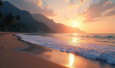 A serene seaside landscape at sunset, featuring gentle waves and silhouetted mountains, perfect for travel brochures, relaxation websites, and nature-themed projects.