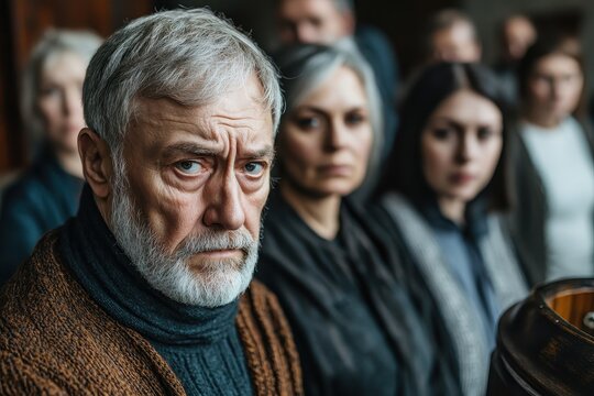 Serious elderly man with grey hair, surrounded by a group of somber people. Depicts grief, loss, or solemn occasion, ideal for concepts of mourning or remembrance.