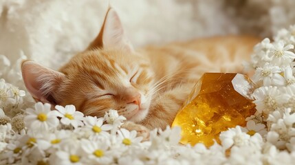 Sleeping ginger kitten nestled in flowers with crystal.