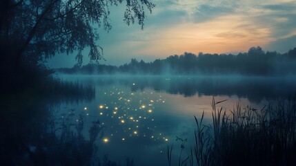 Fototapeta premium Magical Firefly Lake at Dusk Peaceful Nature Scene
