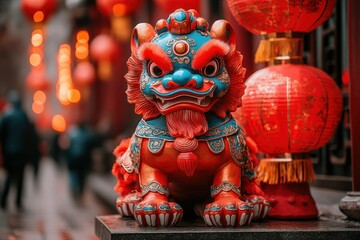 Naklejka premium Colorful Guardian Lion Statue Amidst Festive Lanterns in the Street