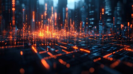 Abstract Digital City Landscape with Glowing Orange Lights