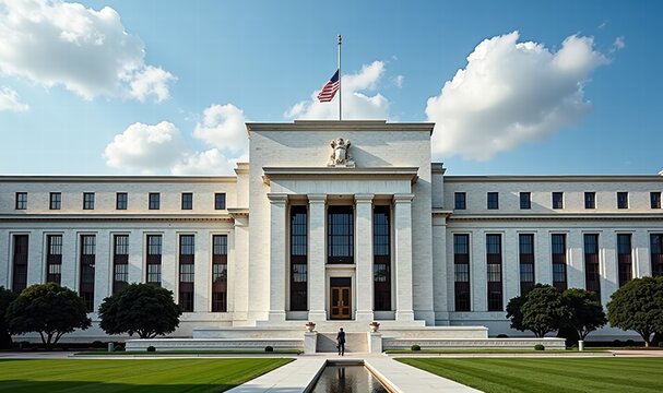 A majestic view of the Federal Reserve building, symbolizing financial stability and governance. Ideal for finance, economics, and government-related themes.